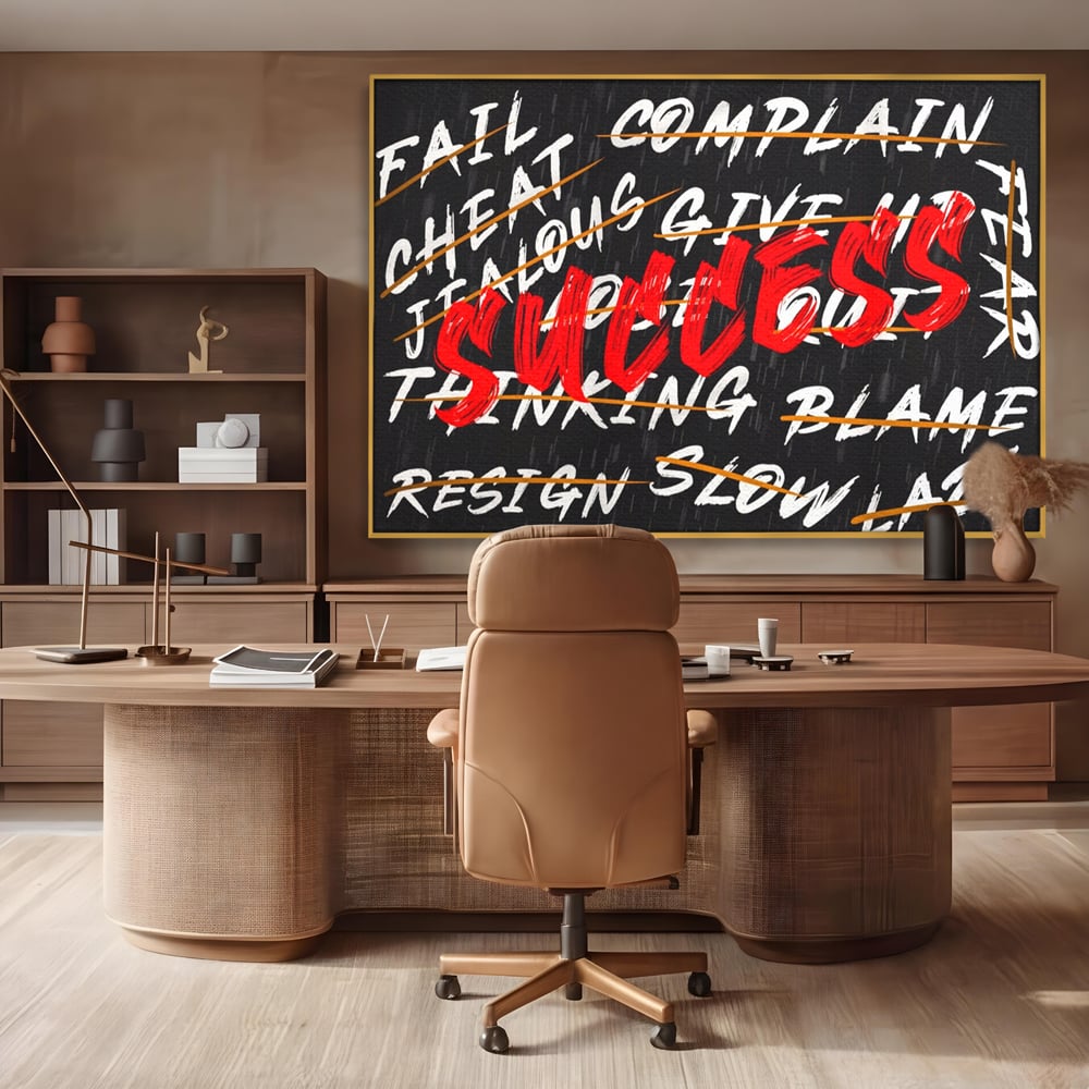 Tablou canvas cu tablou motivational negru cu text rosu, in rama de aluminiu auriu, pe perete intr-un birou